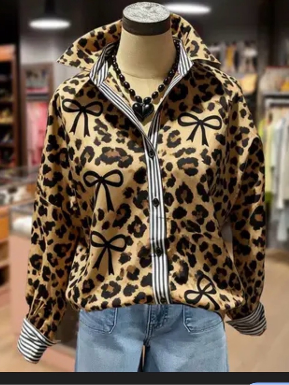 Cherry Betty Leopard Print Bow-Accent Shirt Jacket - Tan